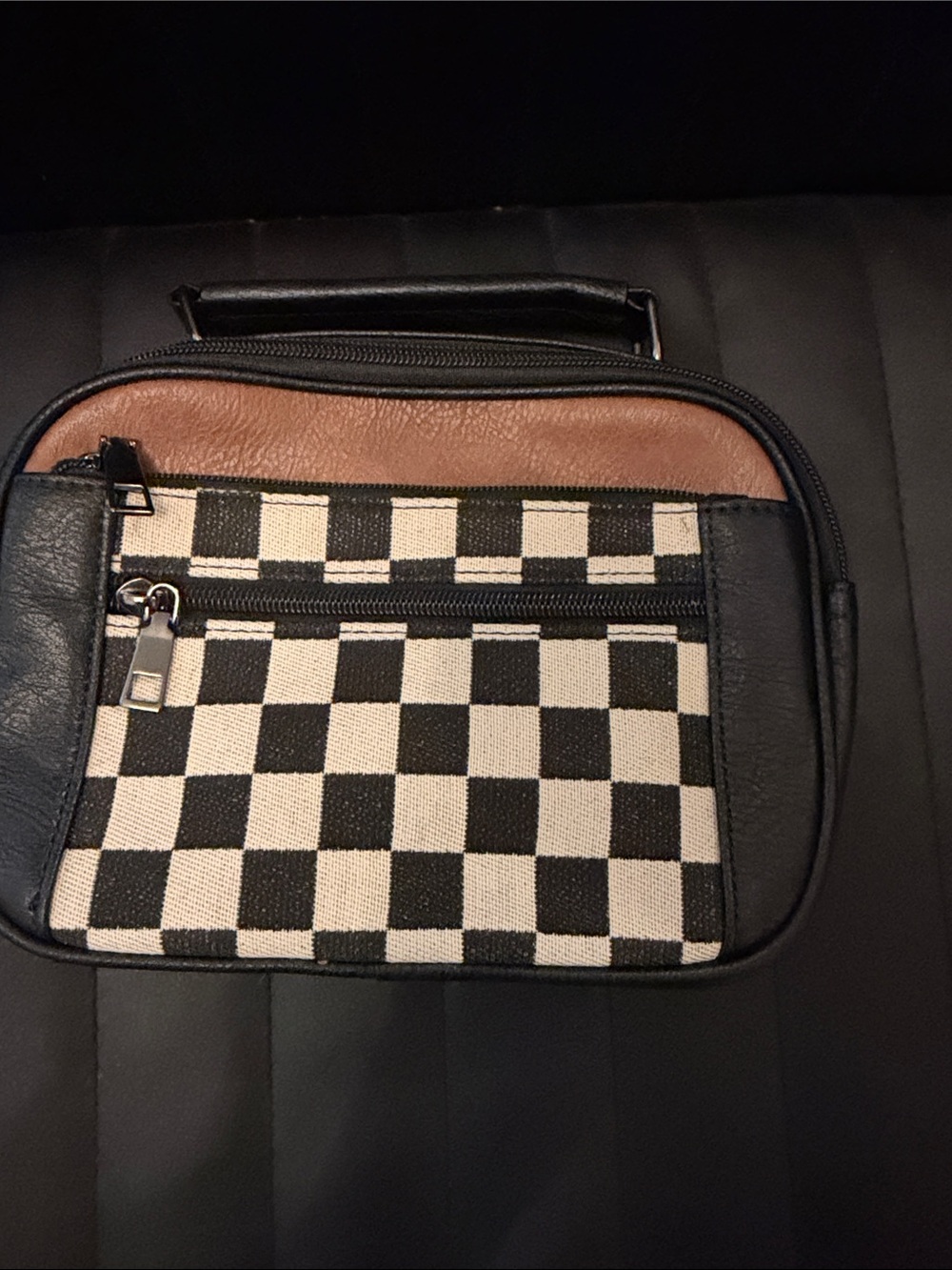 Checker Canvas Crossbody Bag with Black and Tan Accents